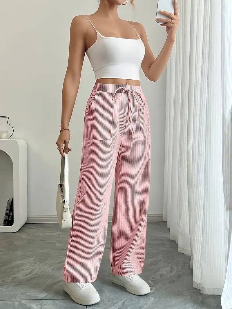 Pantalón de Lino a Rayas Palazzo Mujer Cintura Ajustable