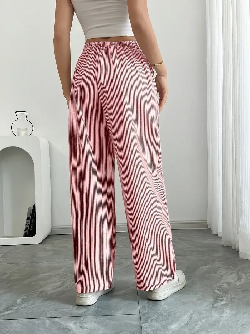 Pantalón de Lino a Rayas Palazzo Mujer Cintura Ajustable