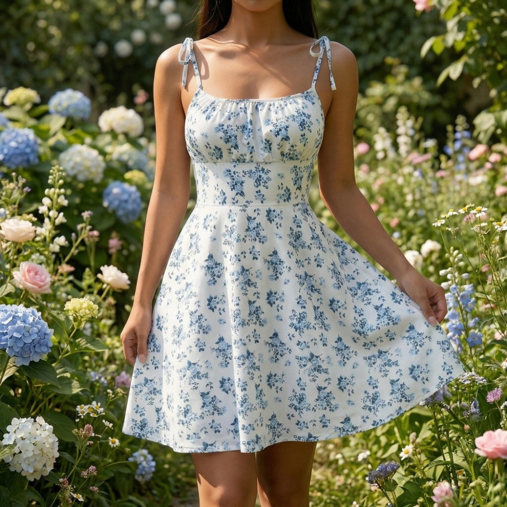 Vestido Corto Floral Mujer Tirantes Lazo Escote Cuadrado