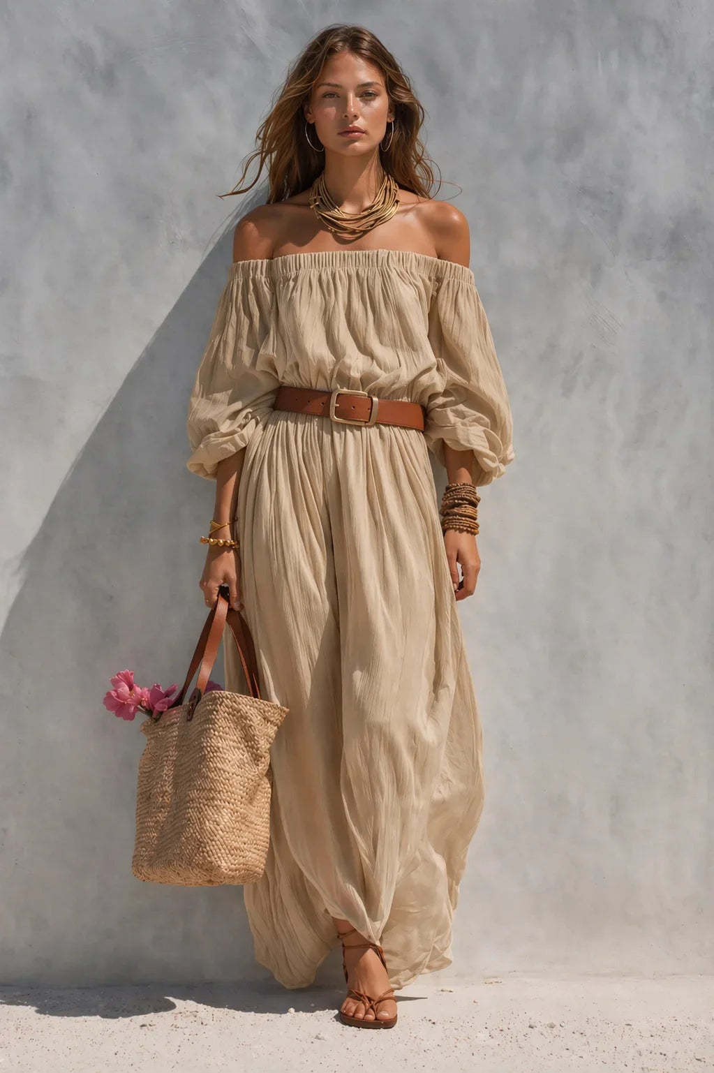 Vestido Largo Hombros Descubiertos Mujer Cinturón