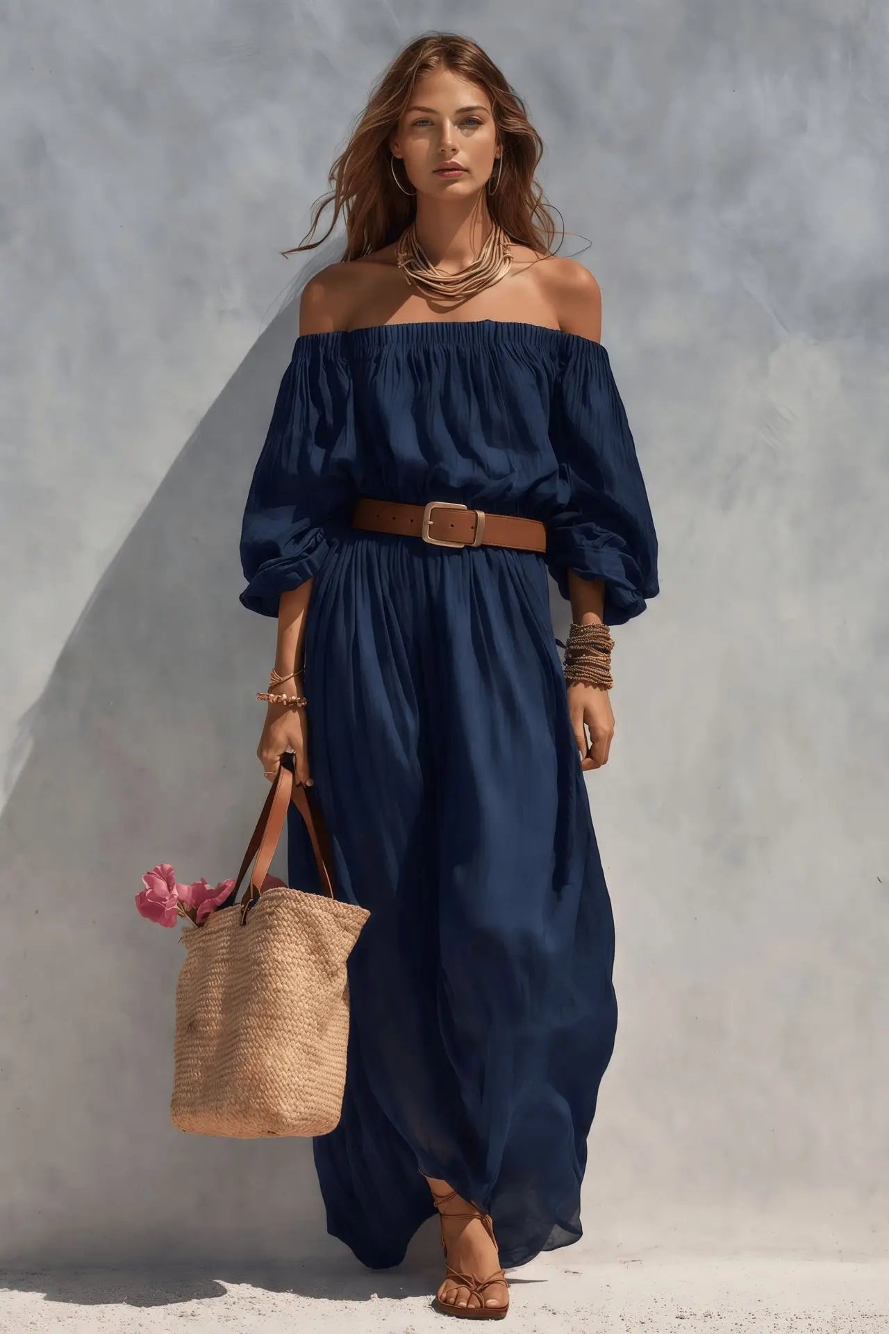 Vestido Largo Hombros Descubiertos Mujer Cinturón